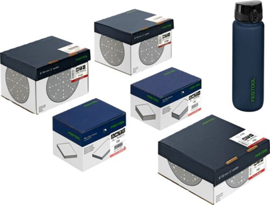Afbeeldingen van FESTOOL SUPER PACK GRANAT D150 - KORREL P80, P120, P180 + SCHUURSPONSJES + DRINKFLES PROMO ##