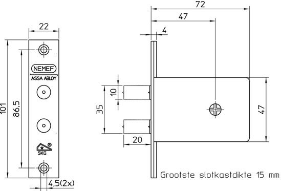 Afbeeldingen van NEMEF VEILIGHEIDSBIJZETSLOTEN 1008/2 SKG* DOORNMAAT 47MM - DR 1+2+3+4 - VOORPLAAT STAAL VERNIKKELD - SET 2 STUKS