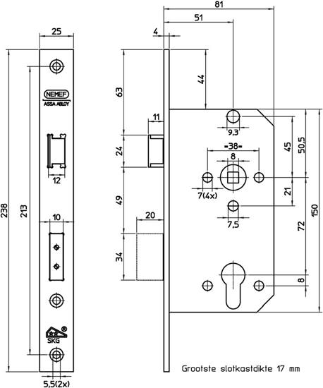 Afbeeldingen van NEMEF VEILIGHEIDSDEURSLOT 4139/17-50 SKG** DOORNMAAT 50MM - PC72 - DR 1+3/2+4 - VOORPLAAT RVS