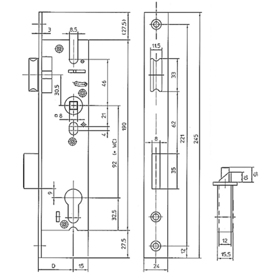 Afbeeldingen van MAUER SMALDEURSLOT 4492 PZW LS/RS VOORPLAAT VERZINKT 245X24MM RECHT DOORNMAAT 20MM PC93