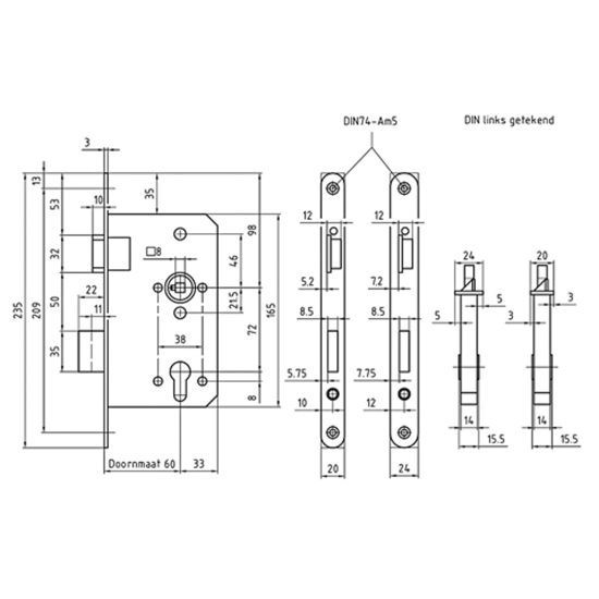 Afbeeldingen van MAUER DAG EN NACHT CILINDERSLOT 8236 VOORPLAAT RVS RECHT 235X24MM DIN LINKS DOORNMAAT 60MM PC72