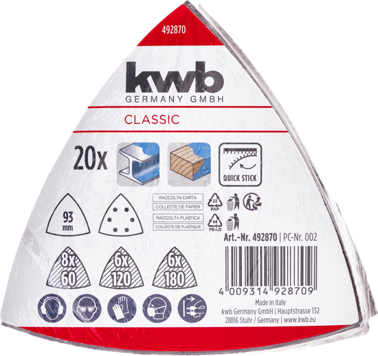 Afbeeldingen van KWB QUICK-STICK SCHUURDRIEHOEKEN 93MM ASSORTI: 8X K60, 6X K120, 6X K180
