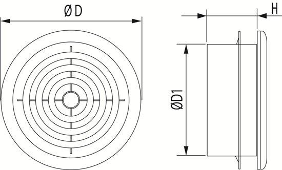 Afbeeldingen van VENTILATIEROOSTER & HOGE MONTAGEBUS & KLEMRING ALU-LOOK Ø125MM