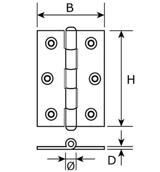 Afbeeldingen van DX SMALSCHARNIER MET VASTE PEN VERMESSINGD 70X51MM