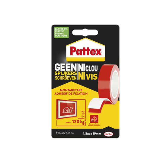 Afbeeldingen van PATTEX GEEN SPIJKERS & SCHROEVEN 120KG BINNEN EN BUITEN 1,5 M BLISTERCARD